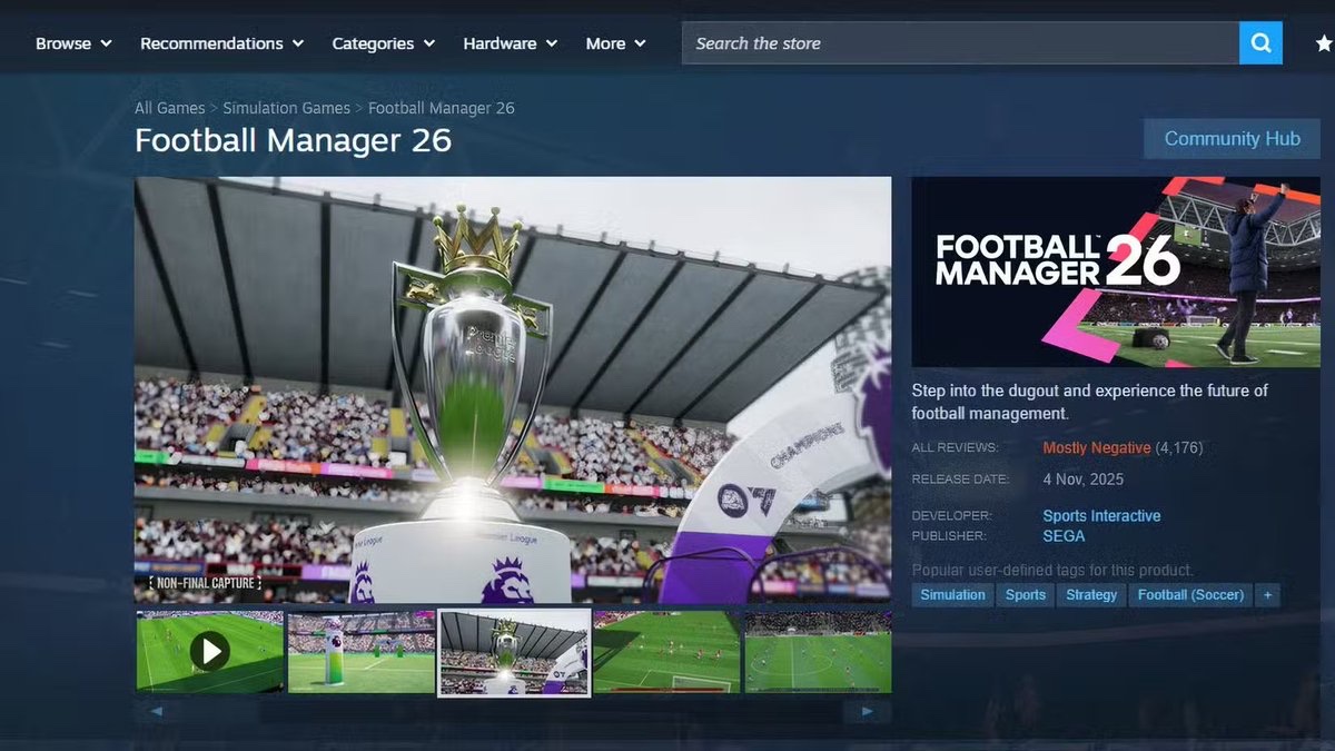 Es gibt viele schlechte Bewertungen! „Football Manager 26“ hat eine negative Bewertungsrate von über 70 % und belegt damit den siebtniedrigsten Platz in der Geschichte