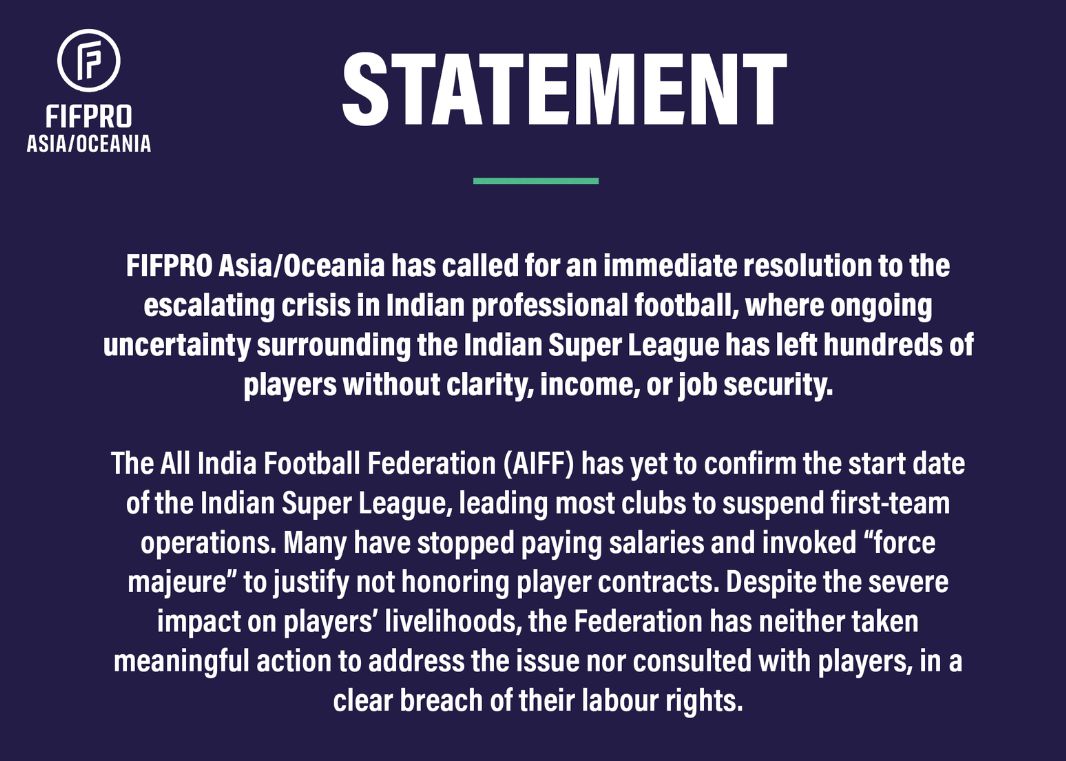 FIFPRO gibt eine Erklärung heraus, in der die FIFA aufgefordert wird, einzugreifen, um die Krise im indischen Fußball zu lösen